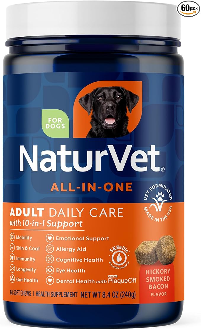 All-in-One Adult Dog Daily Care, 10-in-1 Supplement Dog Soft Chews for Mobility, Skin, Digestion, Teeth, Cognition, Eyes, Hickory Smoked Bacon Flavored Pet Supplement for Dogs, 60 Count