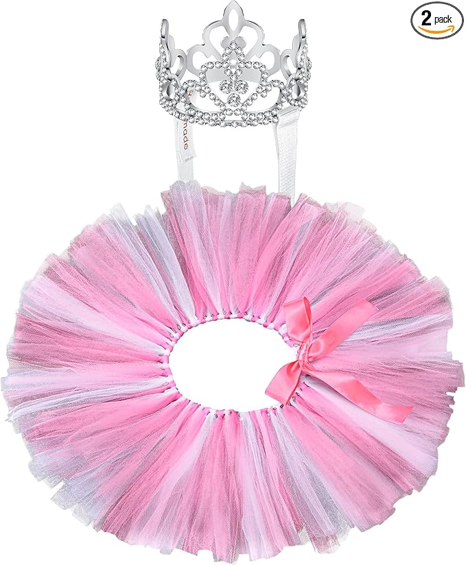 2 Pcs Dog Crown Headband Dog Tutu Dress Set Crystal Rhinestone Tiara Crown Tutu Skirt Pet Dress Costume for Puppy Birthday Party Wedding Photo Prop Costume(Large,Rose Red, White)