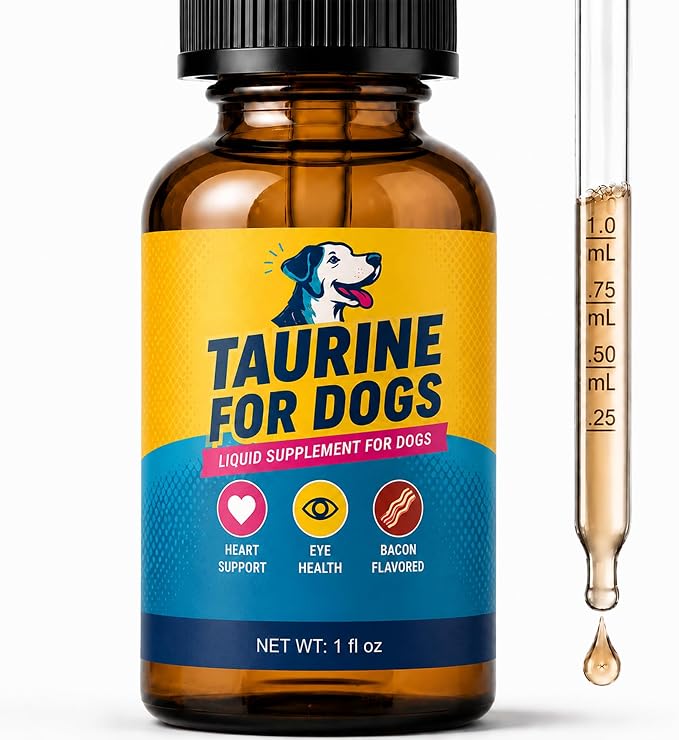 Taurine for Dogs, Bacon Flavored Heart & Eye Wellness Drops with Eyebright, 100mg Taurine Per 1mL, Daily Dog Amino Acid Support, for Small, Medium & Large Dogs, 1 fl oz
