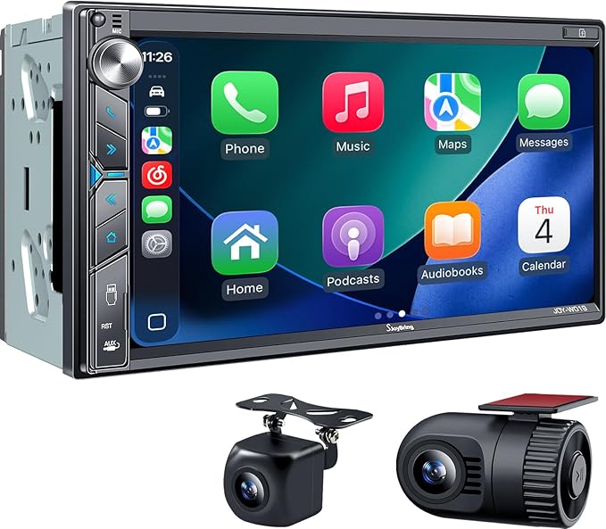 Double Din Car Stereo with Dash Cam, Wireless Apple CarPlay & Android Auto, 240W 4.2CHN, 7" Touchscreen, SWC, Bluetooth, FM/AM Car Radio, 2 Subwoofers Outputs, Backup Camera