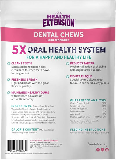 Health Extension Probiotic Dental Bones for Dogs, 8 Medium Bones, Cleans Teeth, Healthy Gums, Freshens Breath, Training or Reward, 6 oz Bag (Pack of 1)