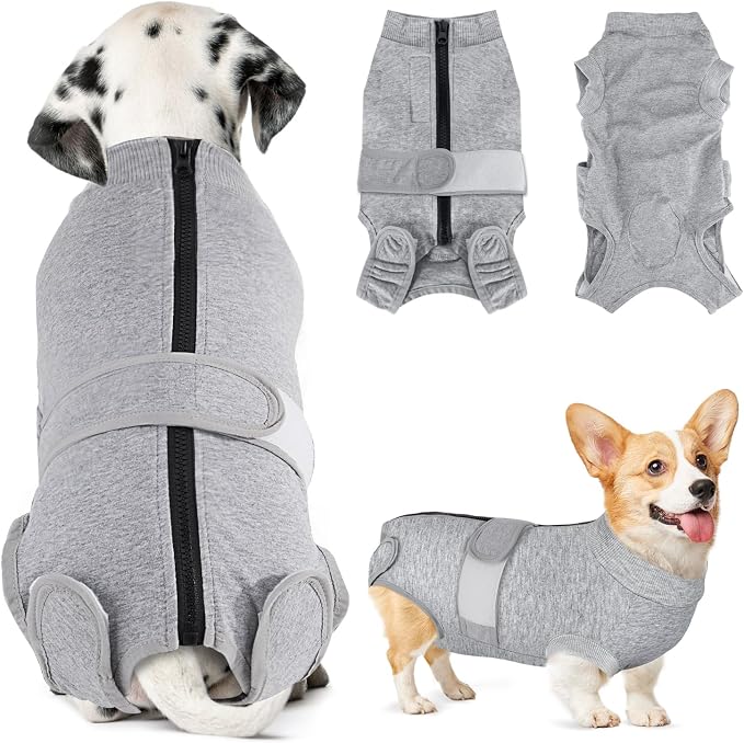 Lukovee Recovery Suit for Dogs, Zipper On Recovery Suit for Female Male Dog, Onesie Abdominal Wounds Cone E-Collar Alternative Prevent Licking Spay Recovery Suit (XXL,GY)