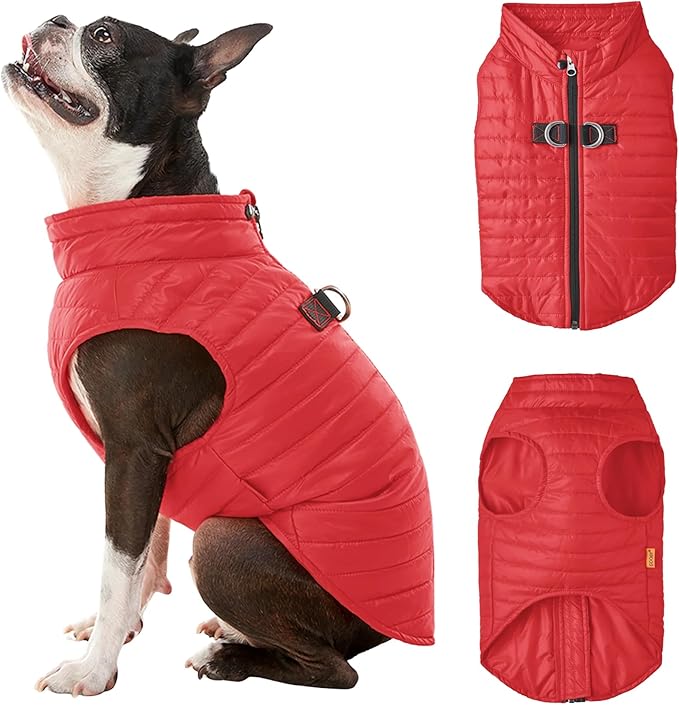 Gooby Puffer Vest - Red, Large - Ultra Thin Zip Up Windbreaker with Dual D Ring Leash - Water Resistant Dog Sweater Coat for Small Dogs