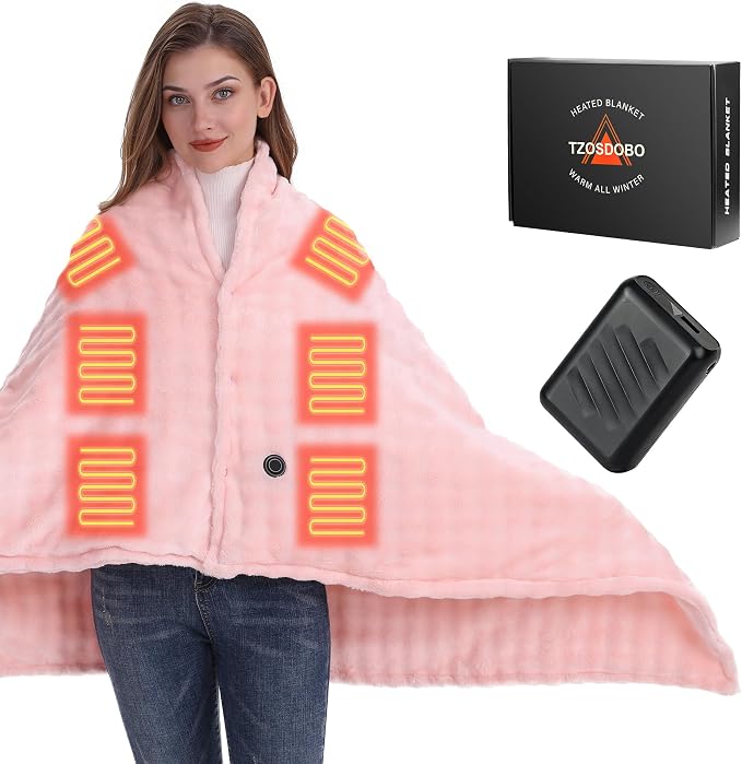 Cordless Heated Blanket, Battery Operated Heating Blanket with 20000mAh Rechargeable Power Bank, Portable Heated Throw Blanket, 59"x 35.5" Electric Heated Shawl, 3 Fast-Heating Levels (Pink)
