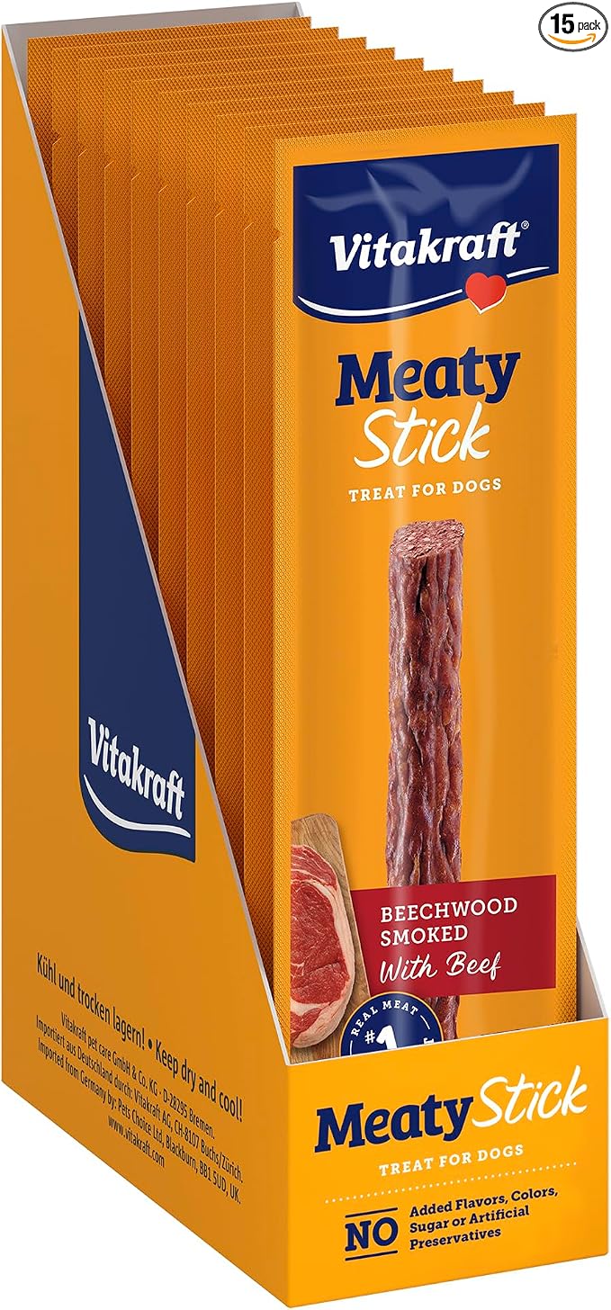 Vitakraft MeatyStick Beef, Jerky Treat for Dogs, No Added Sugar, Real Meat #1 Ingredient, No Artificial Preservatives, Flavors or Colors, Naturally Smoked, Individually Packed, 1.0 oz, Stick, 15 count