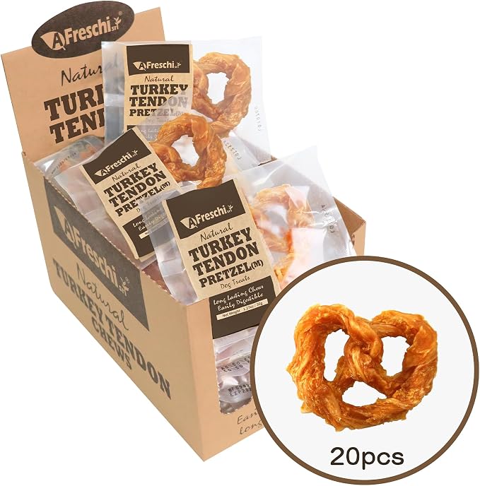 Turkey Tendons for Dogs, USA-Sourced, Healthy Dog Treats, Rawhide-Free Puppy Chews, Long Lasting, All Natural, Hypoallergenic Dog Treats for Medium Breeds, 20 Count Box Pretzel (M)
