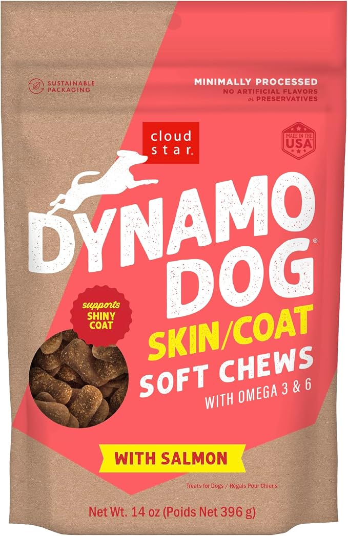 Dynamo Dog Skin & Coat Soft Chews Grain Free Dog Treats, Salmon, 14 oz. Pouch