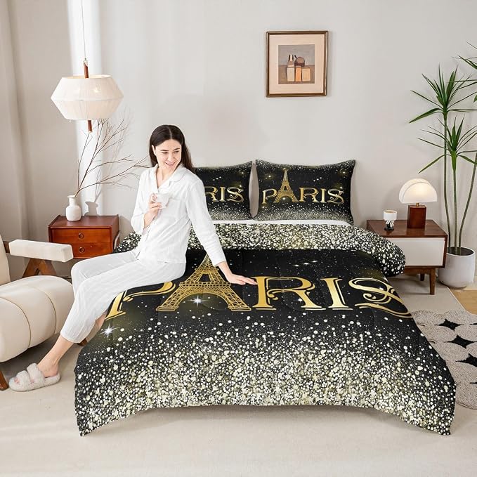 Erosebridal 3 Pcs Eiffel Tower Comforter Set,City Building of Paris Quilted Comforter King Size,Gold Yellow Ombre Glitter Bedding Set with 2 Pillow Cases