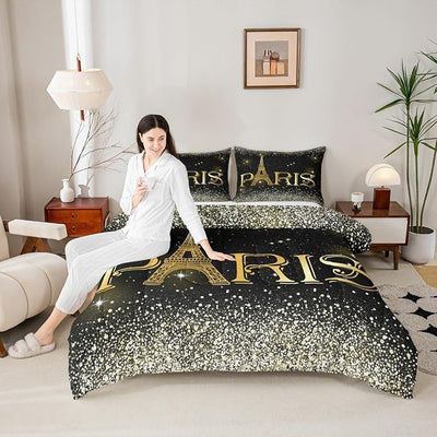 Erosebridal 3 Pcs Eiffel Tower Comforter Set,City Building of Paris Quilted Comforter King Size,Gold Yellow Ombre Glitter Bedding Set with 2 Pillow Cases