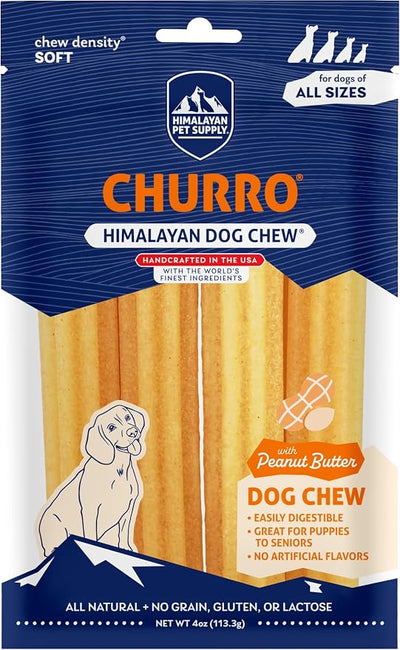 Himalayan Dog Chew Churro Yak Cheese Dog Chews, 100% Natural, Long Lasting, Gluten Free, Healthy & Safe Dog Treats, Lactose & Grain Free, Protein Rich, Real Peanut Butter Flavor, 4 Churros Per Pouch
