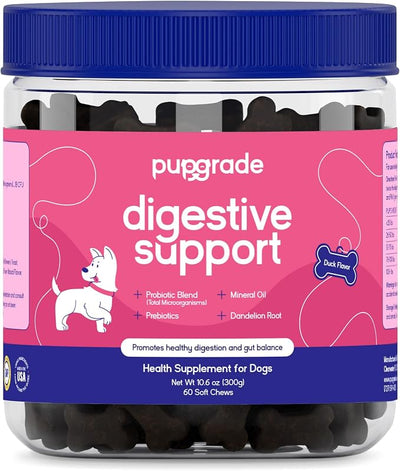 PupGrade Digestive Support for Dogs - Prebiotic + Probiotic Supplement with Enzyme Blend - Gut and Immune Support - Pumpkin, Blueberry, Mineral Oil, Duck Flavor - 60 Soft Chews