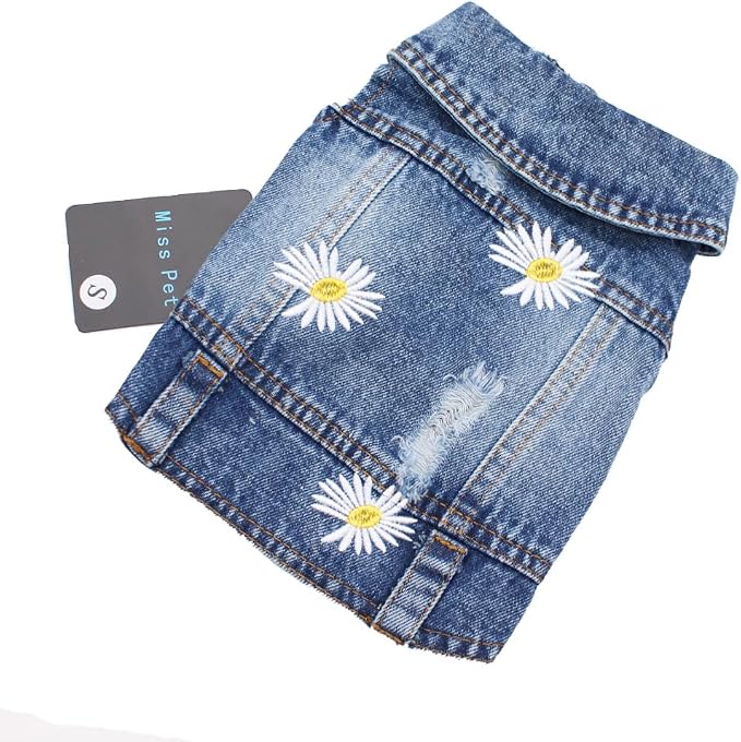 Pet Clothes Vintage Denim Dog Jacket with Daisy Embroidery - Puppy Stylish Pet Coat for Chihuahua, Yorkie Small Breeds - All-Season Comfort (Blue,X-Large)