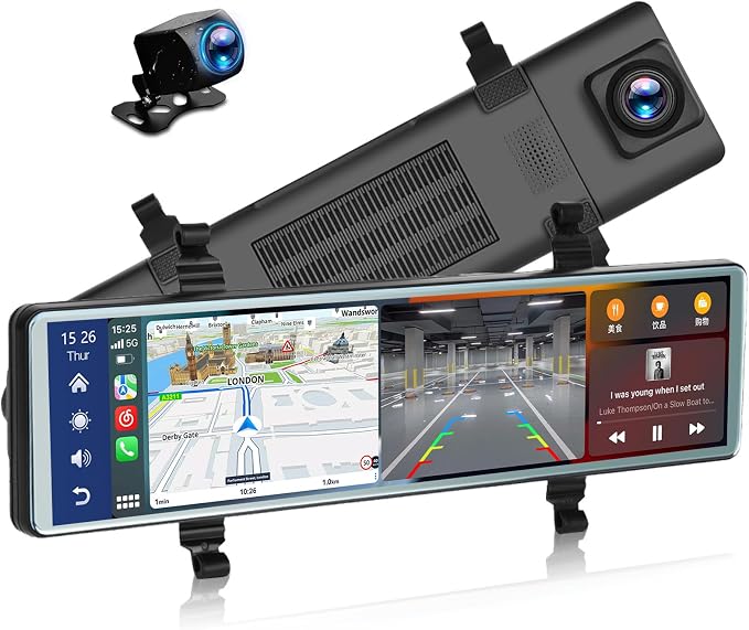 Mirror Dash Cam with Wireless Apple Carplay&Android Auto,11.26" Voice Control Rear View Mirror 1080P Front and Rear View Dual Cameras,FM Transmitter,Night Vision,Parking Assistance, WDR,Loop Recording