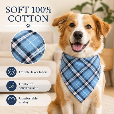 Dog Bandana Large- Blue Black Dog Plaid Adjustable Handkerchief for Medium Large Dogs (L)