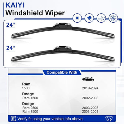 KAIYI 24" + 24" Windshield Wipers Compatible with Ram 1500 2019-2024,Dodge Ram 1500/Ram 2500/Ram 3500 2003-2008 Premium Automotive Replacement Windshield Wiper Blades 2 Pack