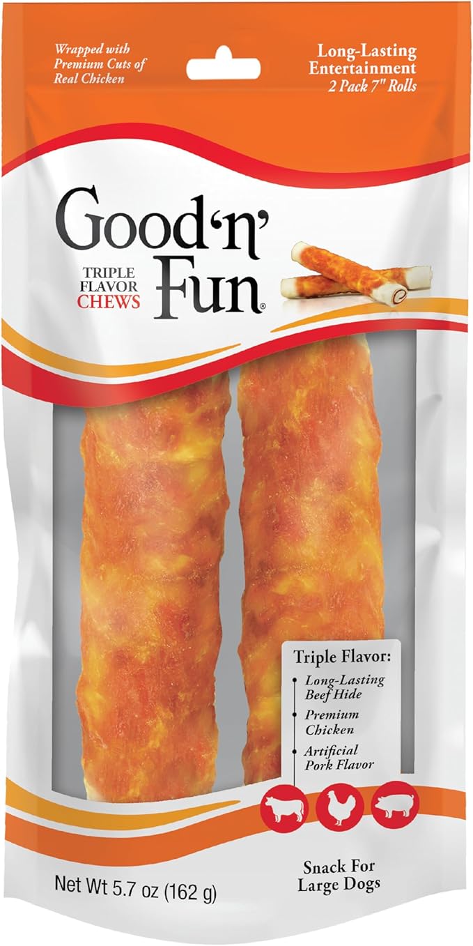 Good n' Fun Rolls Long-Lasting Dog Treat, For Large Dogs, With Real Proteins, Beef Hide and Premium Chicken, Supports Dental Health, Mental Stimulation, 2 count