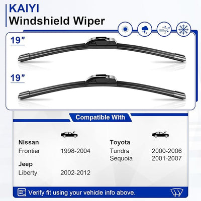 KAIYI 19" + 19" Windshield Wipers Compatible with Jeep Liberty 2002-2012,Toyota Tundra 2000-2006,Sequoia 2001-2007 Premium Automotive Replacement Windshield Wiper Blades 2 Pack