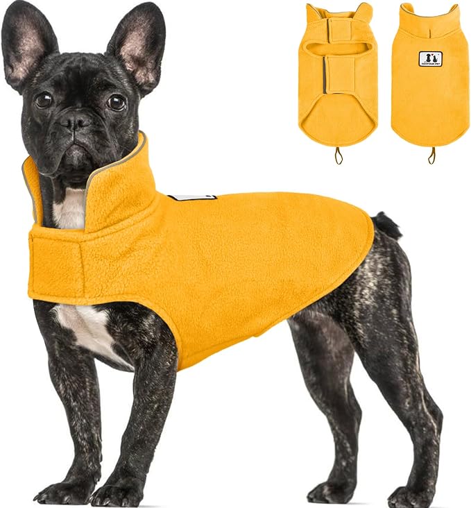 DENTRUN Reversible Dog Coat - Windproof Polar Fleece Vest with Reflective Neck Strips, Hook & Loop Closures, Easy-On Cold Weather Jacket for Small Dogs (XS, Small Dogs Sweater)