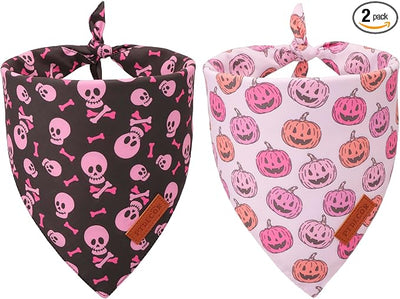 PTDECOR Halloween Dog Bandana, Pink Skeleton Pumpkin Reversible Holiday Dog Scarf, Triangle Female Halloween Bandanas for Medium Large Dogs Pets (Large)