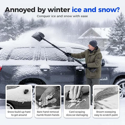 3 in 1 Car Snow Brush, Ice Scraper, Telescoping Snow Shovel with Sponge Grip ABS Stainless Steel Winter Tool (Ti-Silver)