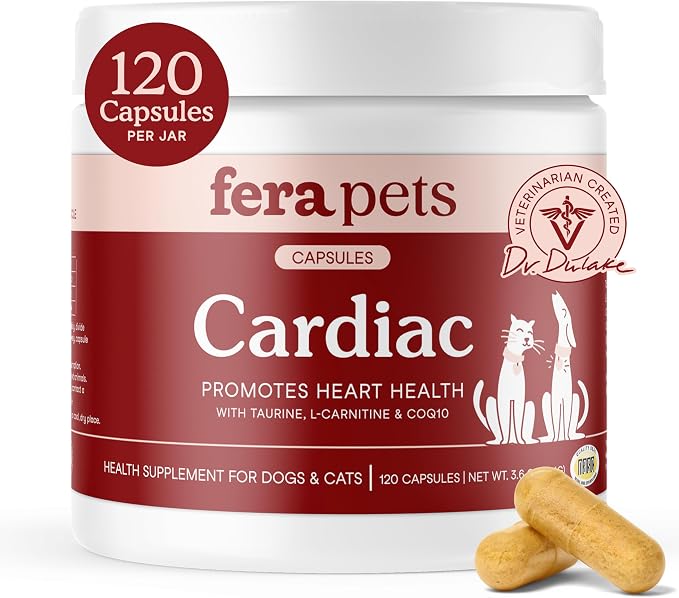 Cardiac Support - Cat & Dog Heart Supplement with Taurine, L-Carnitine, & CoQ10 - Promotes Normal Circulation and Heartbeat - 120 Capsules