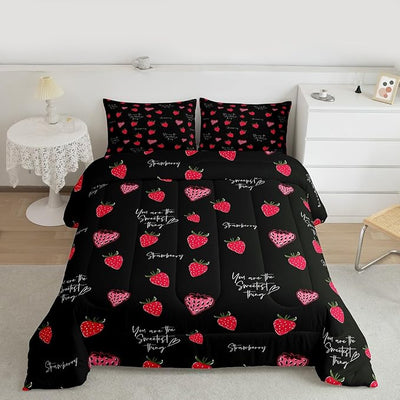 Erosebridal Strawberry Comforter Set, Kawaii Quilted Comforter King for Kids Girls & Boys, Cute Strawberries Microfiber Bedding Set, Red & Black