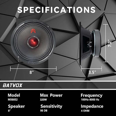 MX80E2 Loudspeaker 8 Inch Midrange 640 Watts 4 Ohms Red Bullet, Premium Quality Audio Door Speakers for Car or Truck Stereo Sound System, Black (2 Speakers)