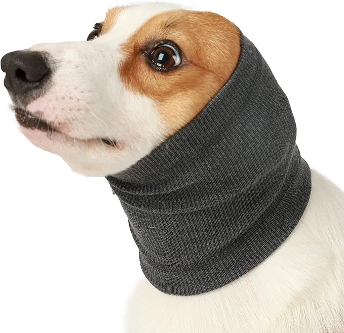Dog Head Wrap - No Shake Quiet Ears for Dogs Anxiety Relief, Original Ear Covers Pet Calming Hoodie for Thunder, Lightning, Fireworks, Vet Visits, Grooming, High Stretch Ribbed Fabric, Grey M