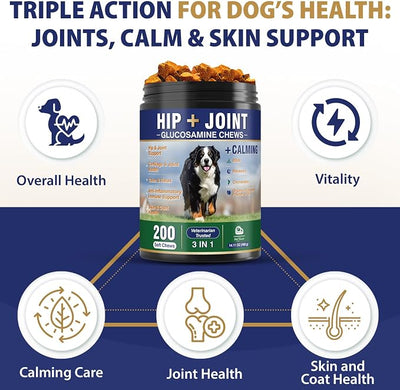 Hip and Joint Supplement for Dogs 200 Dog Calming Chews with Glucosamine, Chondroitin, Msm, Omega3, Melatonin for Senior Dogs Anxiety Pain Relief Anti Inflammatory Small/Medium/Large Dog -Beef