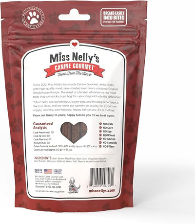 Miss Nelly's- All Natural Beef Jerky Dog Treats Made in USA Only - Beef Jerky Treats for Dogs Original Smoke House Recipe-Minimally Processed Soft Sticks - 16 oz. Bag.