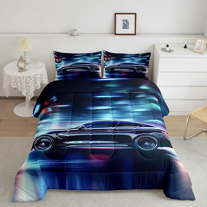 Erosebridal Teens Race Car Comforter Set Twin Size, Speed Sports Car Down Comforter for Kids Boys Girls Youth Bedroom, Cool Automobile Duvet Insert Extreme Sport Theme Bedding Comforters, Blue