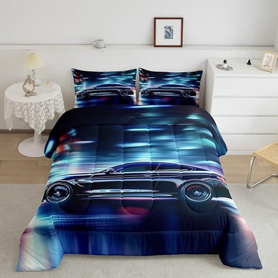 Erosebridal Teens Race Car Comforter Set Full Size, Speed Sports Car Down Comforter for Kids Boys Girls Youth Bedroom, Cool Automobile Duvet Insert Extreme Sport Theme Bedding Comforters, Blue