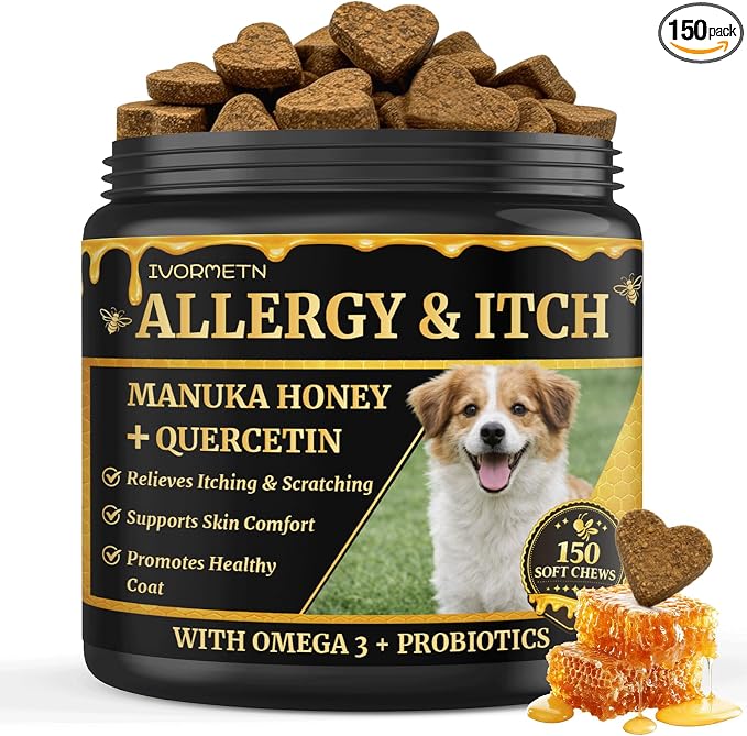 Manuka Honey for Dogs - Allergy & Itch Relief Chews - Skin Comfort & Coat Health - with Quercetin,Krill Oil,Colostrum &Probiotics - Stop Paw Licking, Soothe Itchy Ears & Yeast Balance - 150 Soft Chews