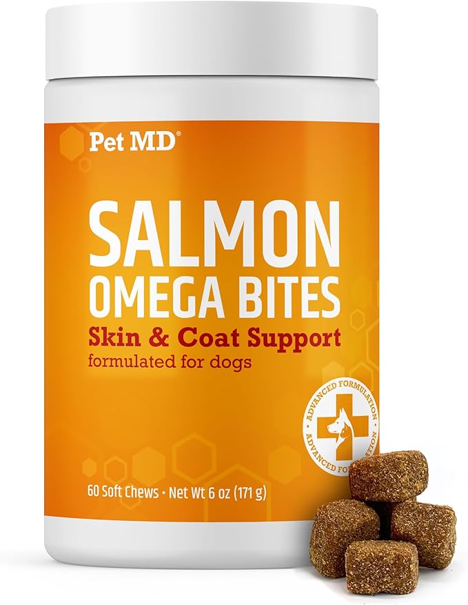Salmon Omega Bites for Dogs - Skin and Coat Supplement with Omega 3 & 6 for Dogs Plus DHA & EPA - Promotes Allergy & Dry Skin Relief - 60ct