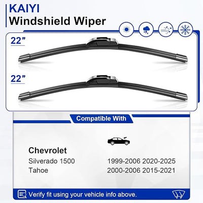 KAIYI 22" + 22" Windshield Wipers Compatible with Chevrolet Silverado 1500 1999-2006 2020-2025,Tahoe 2000-2006 2015-2021 Premium Automotive Replacement Windshield Wiper Blades 2 Pack