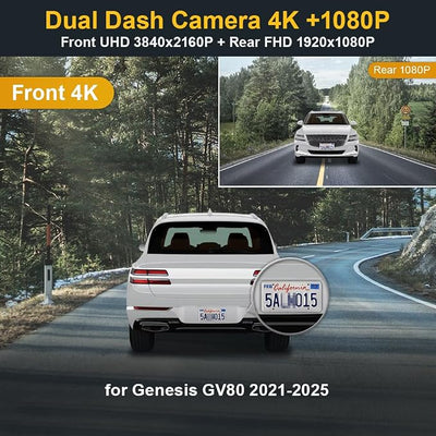 Fitcamx Front 4K+Rear 1080P Dash Cam Adapts for Genesis GV80 2021-2025 (HD2-T6010, Tan Cover), OEM Style, 2 Way HD Video, Built-in WiFi & APP, Loop Recording, G-Sensor, Easy to Operate, 128GB Card