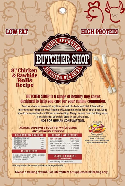 Butcher Shop 8” Chicken & Rawhide Rolls Dog Treats (2 Pack - 10 oz per Pack)