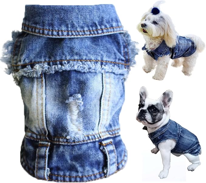 Jean Jacket, Blue Denim Lapel Vest Coat T-Shirt Costume for Small Medium Dogs Cats, Cute Girl Boy Puppy Clothes, Comfort and Cool Apparel, Machine Washable Outfits (XXL, Blue)