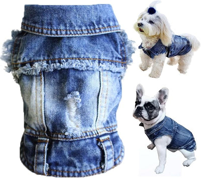 Jean Jacket, Blue Denim Lapel Vest Coat T-Shirt Costume for Small Medium Dogs Cats, Cute Girl Boy Puppy Clothes, Comfort and Cool Apparel, Machine Washable Outfits (XXL, Blue)