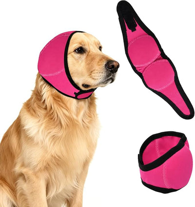 Upgraded Dog Ear Muffs for Noise Protection & Anxiety Relief, Adjustable No Shake Ear Wrap for Firework, Hematoma, Bathing, Swim, Grooming and Force Drying (Fuchsia, L(Head Size:18"-24"))