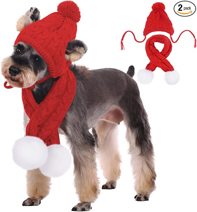 Dog Winter Hat & Scarf Set, Knitted Hat Pet Christmas Winter Warm Caps Cute Accessories Neck Ear Warmer Hood Warm Scarf Party Decoration for Cat and Dog Red