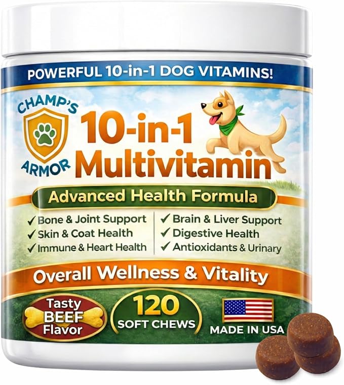 Dog Multivitamin 10-in-1 with Glucosamine - Hip Joint Support, Skin & Coat, Digestive Health, Immune Boost - Salmon Oil, Probiotics, MSM - All Natural Daily Chews for Dogs All Breeds - 120 Count