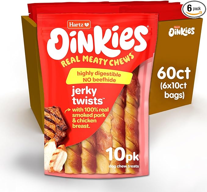 Oinkies Smoked Pig Skin Chicken Jerky Twists Dog Treats, 10 Count (Pack of 6) (Packaging May Vary)