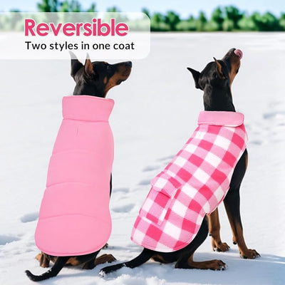 ASENKU Dog Winter Coat, Fleece Doggie Jacket Plaid Reversible Vest Waterproof Windproof Cold Weather Clothes for Small Medium Large Dogs (S, Pink)