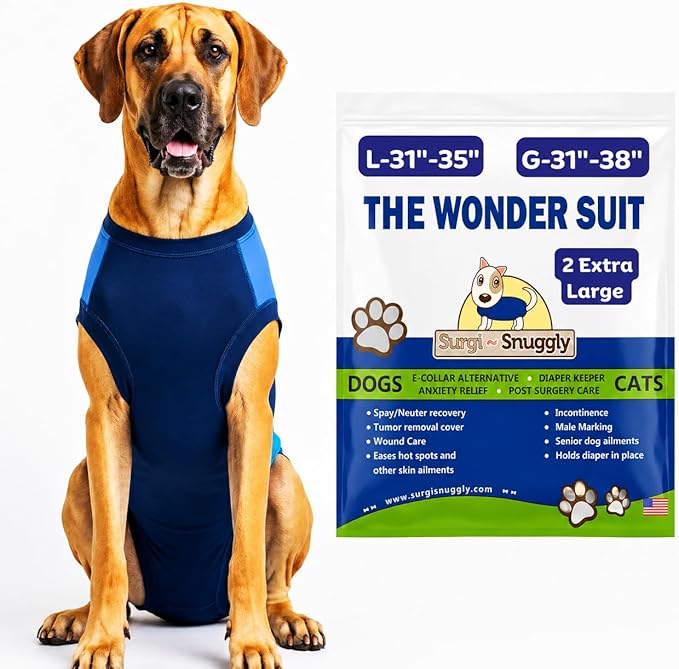 Surgi Snuggly Dog Surgery Recovery Suit - Dog Onesie for Post Surgery Recovery, Female Spay & Male Neuter - Surgical Suit for Dogs, E-Collar Cone Alternative, Double Blue - 2X-Large - 31" - 35" (EC)