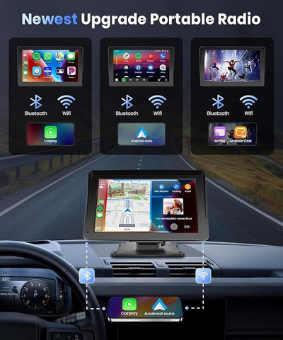 Podofo Portable Car Stereo Wireless Carplay Android Auto,7 Inch Touch Screen Car Radio with Bluetooth Hands-Free/Mirror Link/Maps Navigation/Voice Control/TF Card/AUX,for Cars, Trucks, SUVs