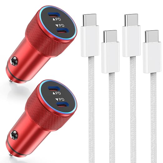 Fast Car Charger for iPhone 16,USB C Charging iPhone 2Pack Dual USB C Port Car Charger Block Cigarette Lighter Adapter Plug with Woven Braided USBC to USBC Cord for iPhone 16/16 Pro/15/iPad(Red)