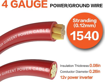 4 Gauge Wire (25ft Each - Red/Black) Copper Clad Aluminum CCA - Primary Automotive Wire,Car Amplifier Power & Ground Cable, 20PCS Lugs Terminal Connectors,20PCS 3:1 Heat Shrink Tubing