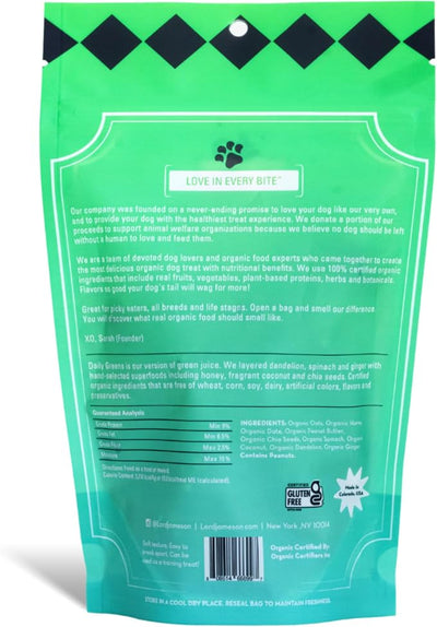 Lord Jameson Daily Greens Soft & Chewy Organic Dog Treats - Digestion Supporting Spinach, Dandelion, & Ginger - No-Bake, Gluten-Free, Preservative-Free, USDA Certified Organic - Made In USA 6 oz