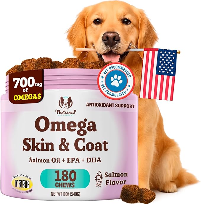 Natural Dog Company Omega Chews for Dogs Skin & Coat Support with Salmon Oil & Omega-3 Fatty Acids, Helps Itchy Skin, Dryness, Shedding, Supports Joints, Heart,Immune System & Overall Health (180 cnt)